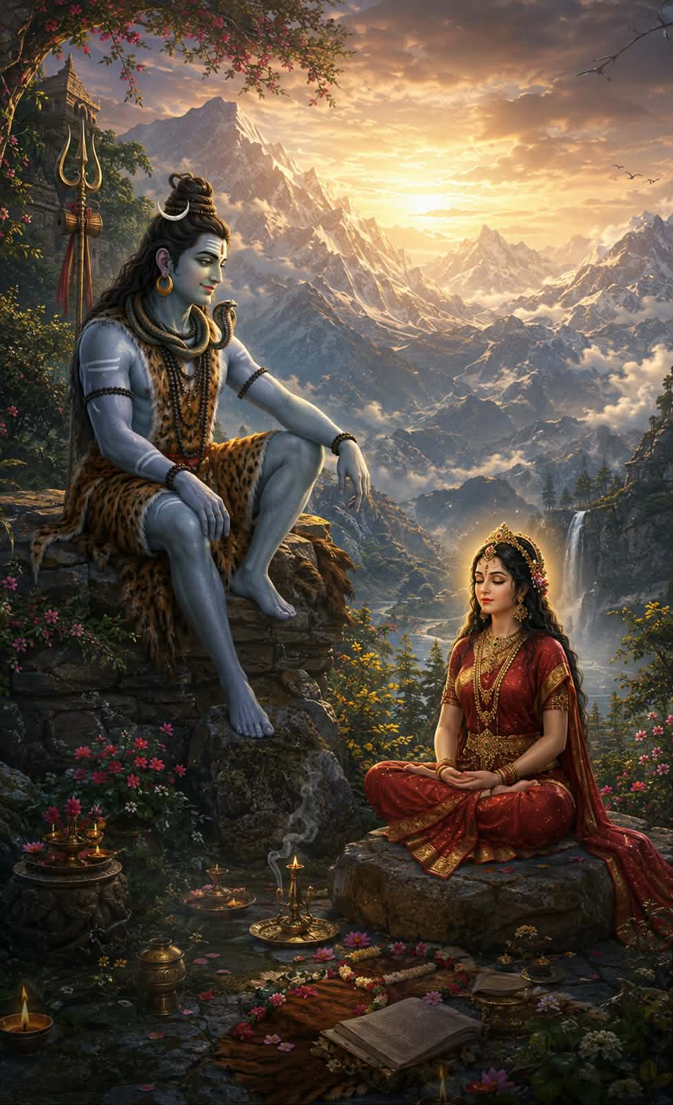 A Painting of Vigyan Bhairav Sada Shiva Ishwara Mahadev Ji initiating Siddha Sannyasa to Vigyana Bhairavi Ma Parvati Ji